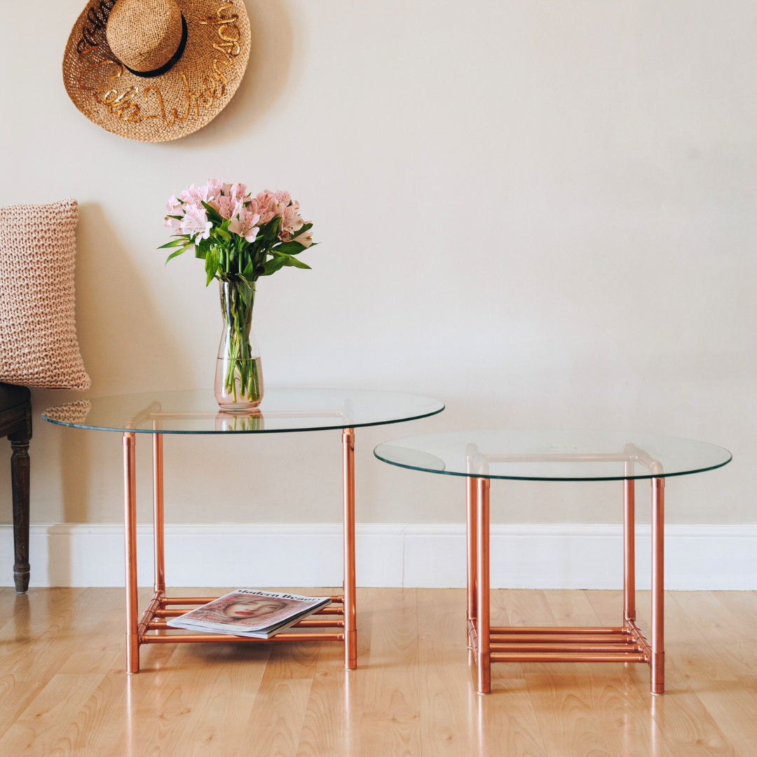 Large Copper Glass Top Coffee Table
