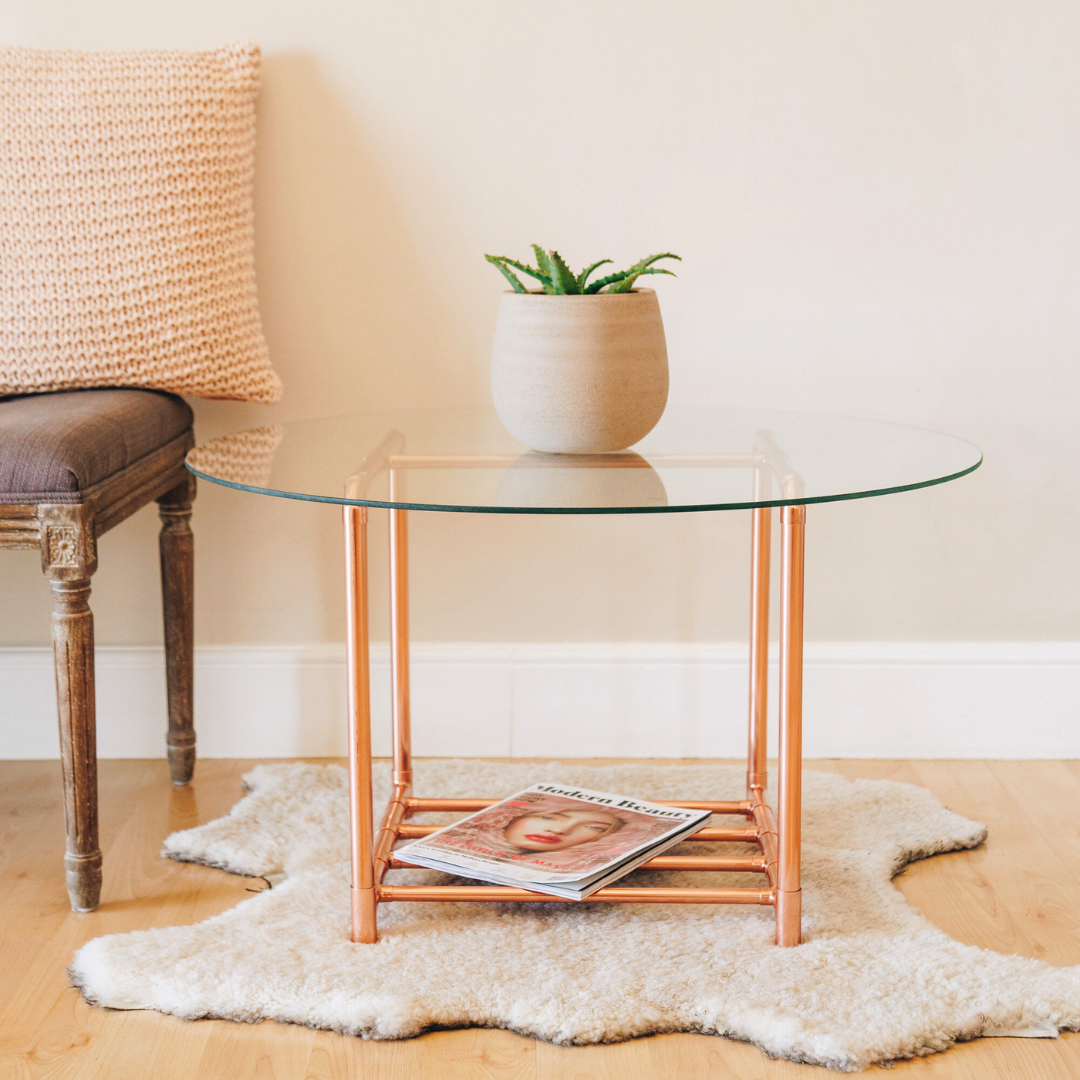 Large Copper Glass Top Coffee Table